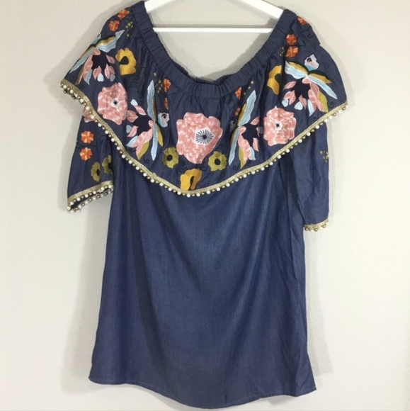 Boston Proper Blue Chambray Embroidered Beaded Ruffle Mini Dress - Picture 2 of 9
